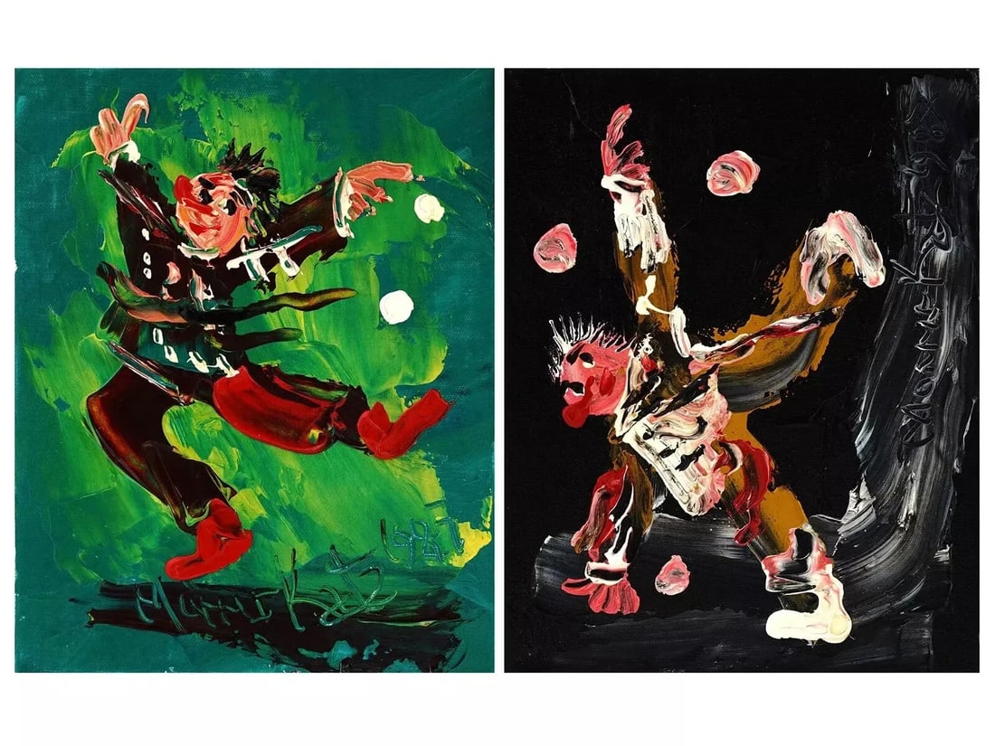 Set of 2 Morris Katz Signed Amazing Original Oil Painting 10" x 8" Mint, Clowns (1 of 8)