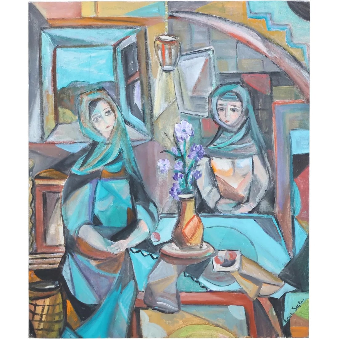 Helen Salzberg, American (b. 1923) Oil on Canvas Board Painting Two Woman (1 of 12)