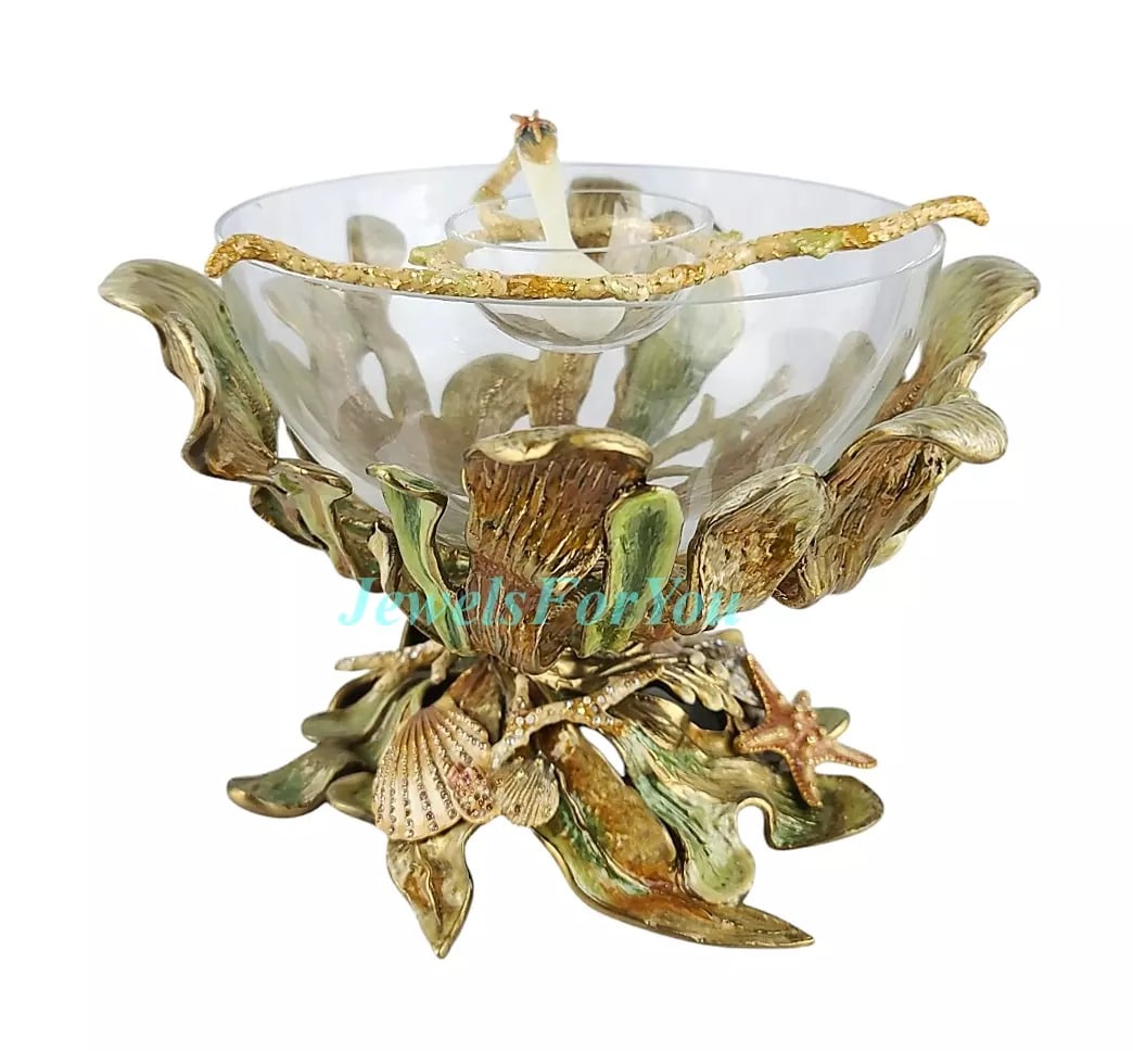 JAY STRONGWATER GROTTO CORAL REEF CAVIAR SERVER W/SPOON 10" DIA X 8" TALL: JAY STRONGWATERGROTTO CORAL REEF CAVIAR SERVER W/SPOON From GROTTO CollectionName: MARINEColor: WHITE WASHEDHandpainted Enamel Over Metal.Hand-set Swarovski Crystals.10" Diameter x 8" Tall x 8" Base.8