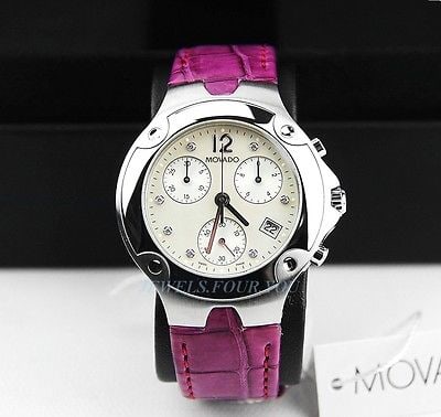 MOVADO SWISS DIAMOND CHRONOGRAPH QUARTZ WATCH: MOVADO SPORTS EDITION.100% BRAND NEW, 100% AUTHENTIC.COMES IN ORIGINAL MOVADO BOX WITH PAPERS.WHITE PERFECT CUT NATURAL DIAMONDS DIAL.FUSCHIA GENUINE ALLIGATOR BAND.Case: Stainless steelCaseback: Snap