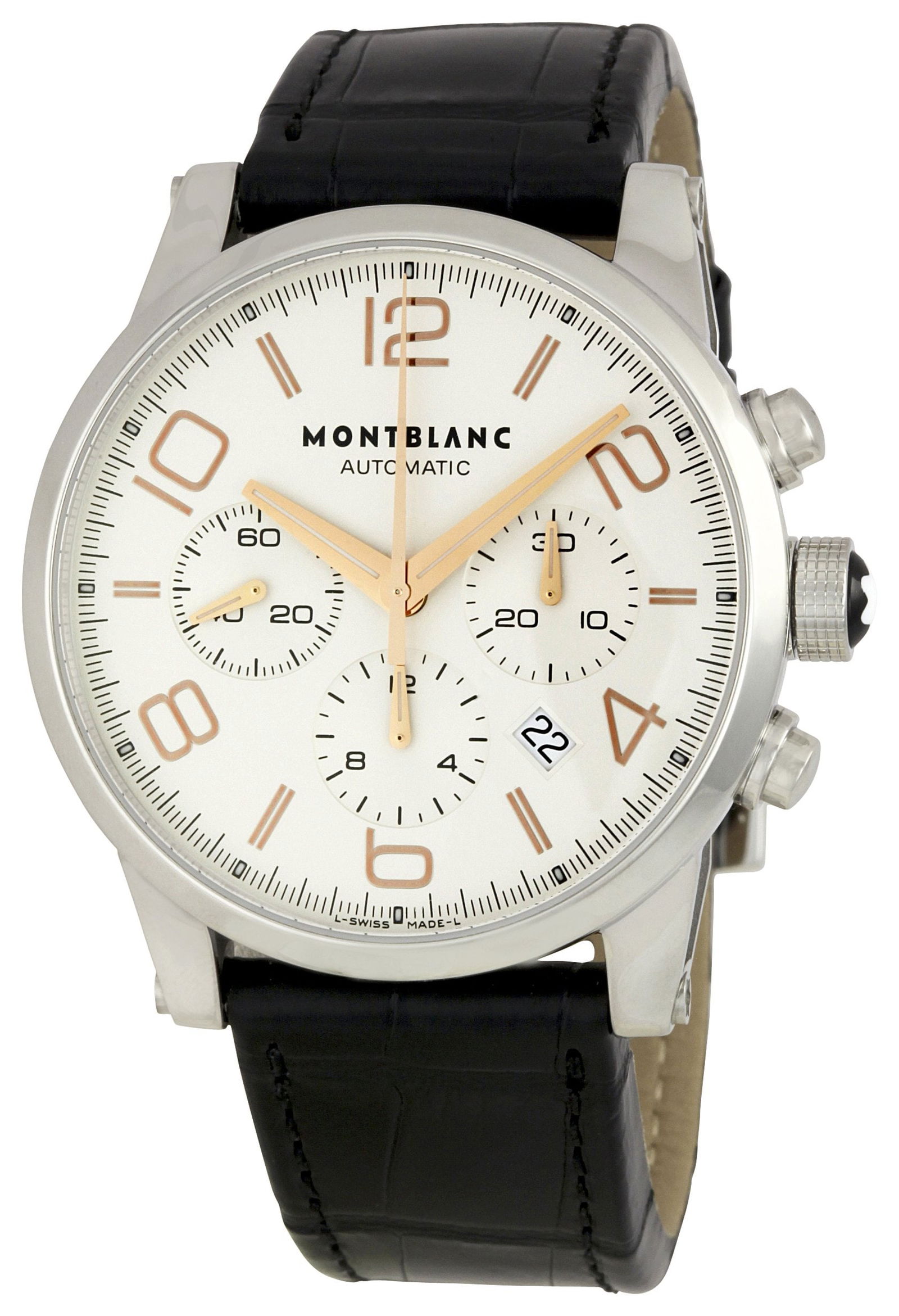 Montblanc Men's 101549 Timewalker Chronograph Watch: Stainless steel case with a black leather strap. Fixed stainless steel bezel. Silver dial with luminous rose gold-tone hands and alternating stick and Arabic numeral hour markers. Minute markers aroun