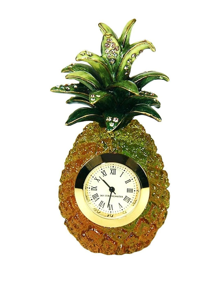 JAY STRONGWATER AHULANI PINEAPPLE MINI CLOCK: JAY STRONGWATERJAY STRONGWATER AHULANI PINEAPPLE MINI CRYSTAL CLOCK.From GREAT GIFTS CollectionColor: FORESTHand Painted Enamel Over MetalHandset Multicolor Swarovski Crystals.3.5"High x 1.25" Diamete