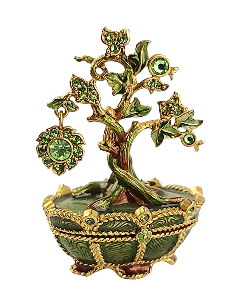 JAY STRONGWATER JEWELED BIRTHSTONE TREE AUGUST PERIDOT TRINKET BOX: JAY STRONGWATERTHIS IS AN EXTREMELY RARE ITEM!JAY STRONGWATER GORGEOUS BIRTHSTONE - AUGUST"PERIDOT" TREE TRINKET BOXHandpainted Enamel over metalHand-set Multicolor Swarovski Crystals.1.7" Wide x 2.46
