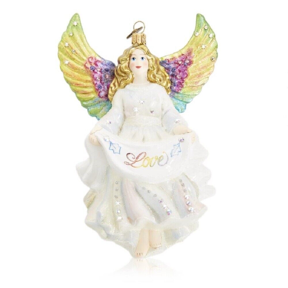 JAY STRONGWATER 7.5" LOVE ANGEL GLASS ORNAMENT: JAY STRONGWATER7.5" LOVE ANGEL GLASS ORNAMENTWHITE & MULTICOLOR 7.5" Tall x 4" Wide x 4" DeepMade of Glass withMulticolor SWAROVSKI CrystalsBRAND NEW, ORIGINAL BOX