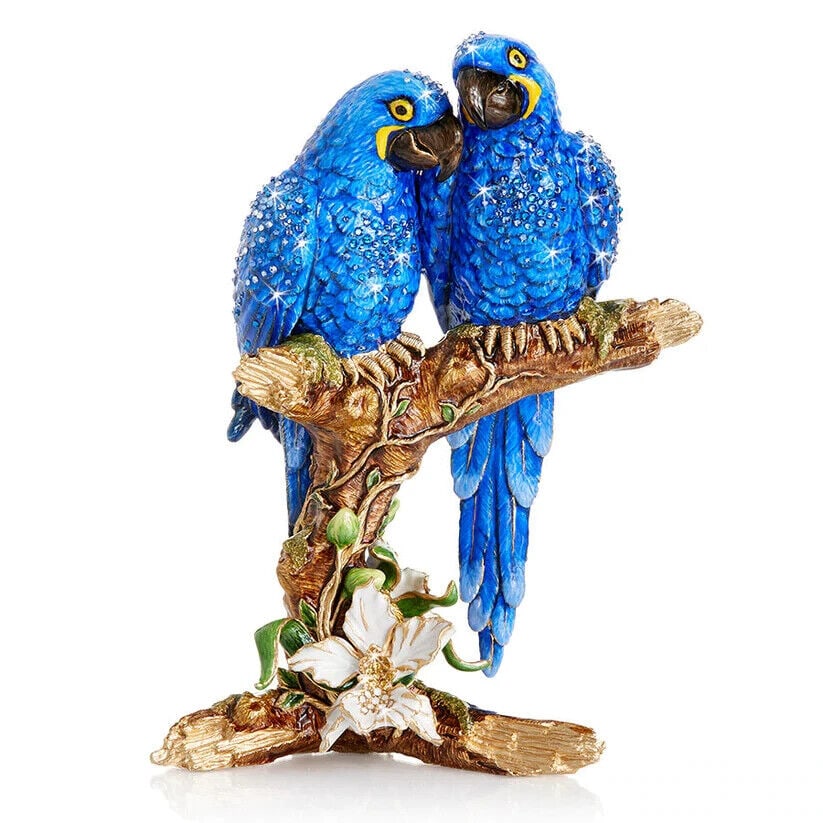 Jay Strongwater Julie & Blaze Macaws on Branch Figurine: Jay Strongwater Julie & Blaze Macaws on Branch Figurine. Made in USA. Brand New IN ORIGINAL SEALED FACTORY BOX. Marvelous. This majestic Macaw Figurines - vividly painted in bold hues of sapphire and