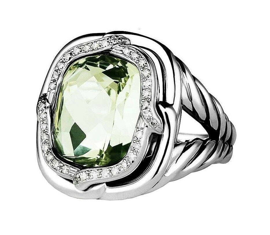 DAVID YURMAN ST.SILVER LABYRINTH DIAMOND & PRASIOLITE - GREEN TOPAZ RING Size: 6 (1 of 3)