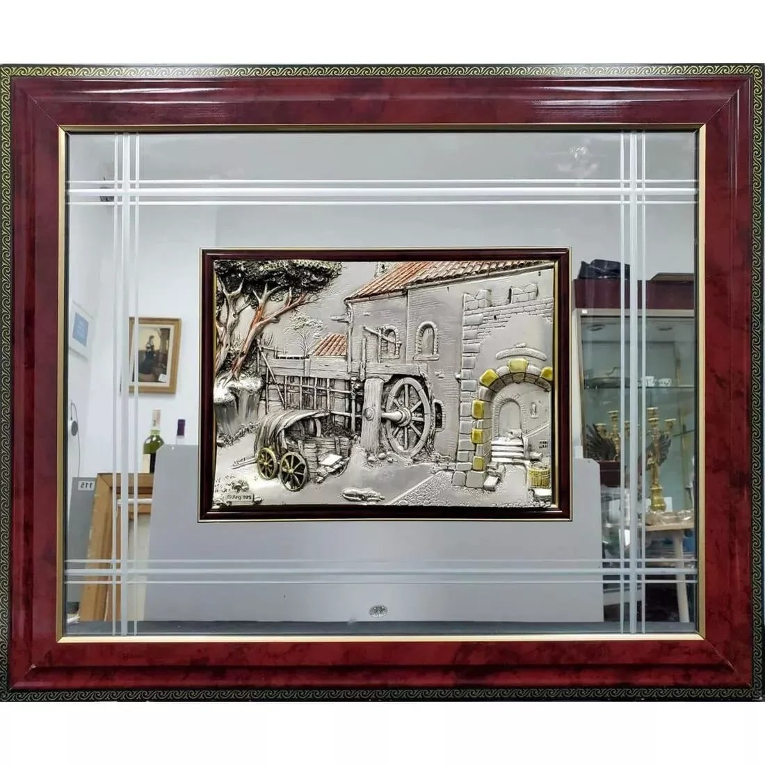 Vintage Gorgeous Italian Sterling Silver Clad Wall Plaque, Framed One of a Kind: Vintage Gorgeous Italian Solid Heavy Sterling Silver Clad Wall Plaque in a Large Original Mirror Frame.Fully Marked ARG .925 and. One of a Kind, RAREExcellent Vintage Condition. Museum Quality Dimensi