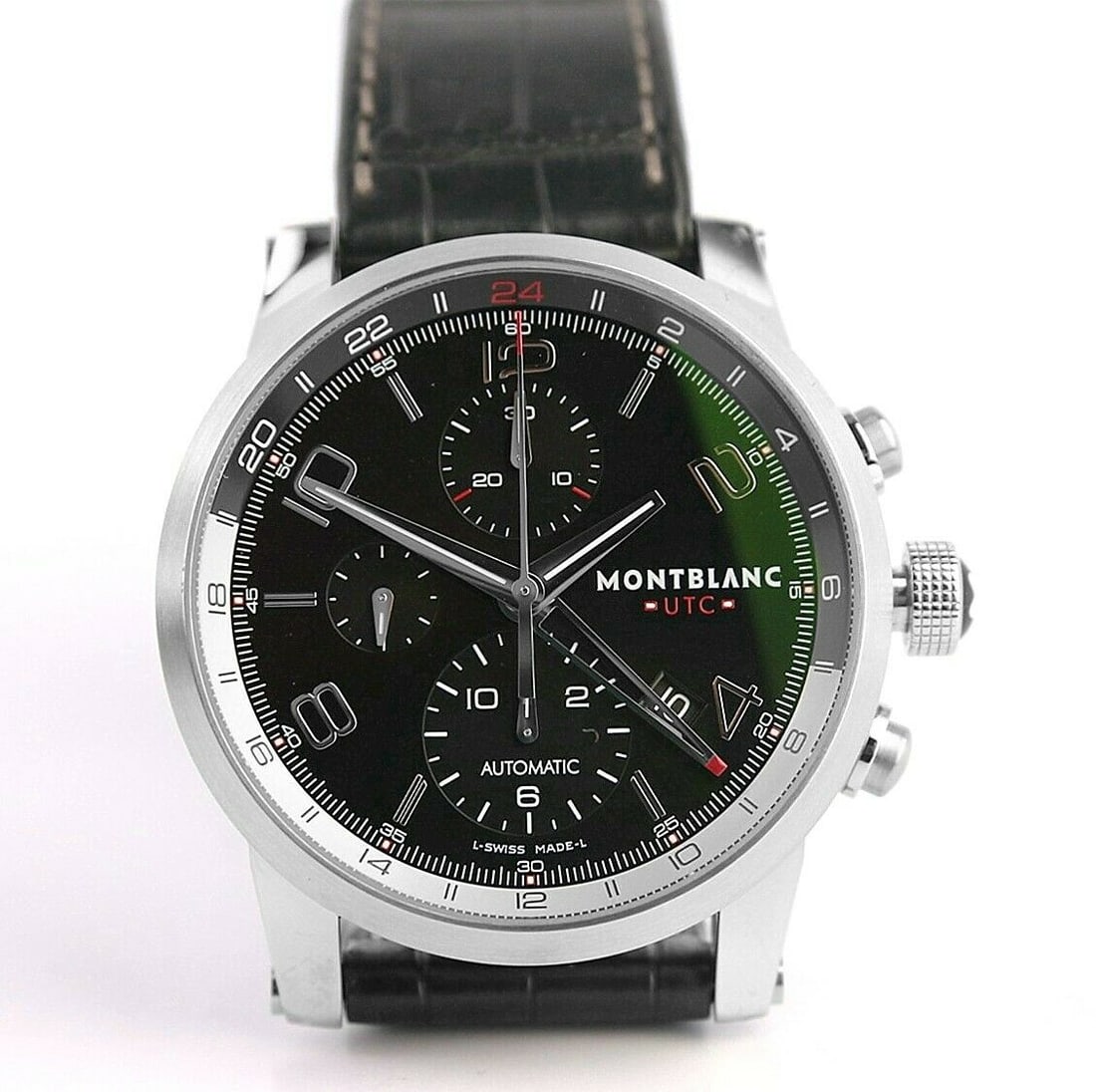 MONTBLANC TIMEWALKER STEEL 43mm AUTOMATIC CHRONOVOYAGER UTC: MONTBLANC ABSOLUTELY FANTASTIC MONTBLANC TIMEWALKER STAINLESS STEEL 43 mm AUTOMATIC CHRONOGRAPH UTC WATCH- Black Dial - Chronograph Feature- Date Feature- GMT 2nd Time Zone Feature- Self Winding Autom