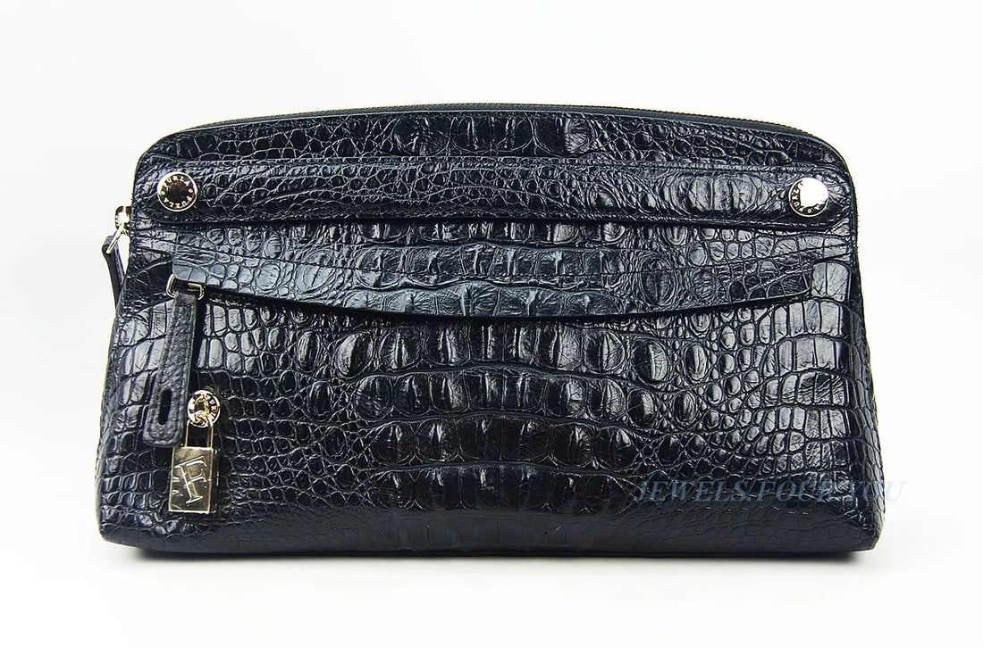 FURLA BLACK ALLIGATOR EMBOSSED ITALY 12,5" EVENING CLUTCH BAG HANDBAG (1 of 8)
