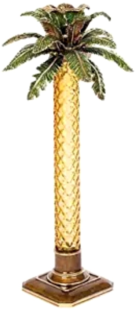 Jay Strongwater Kiana Palm Leaf Jeweled Glass Candlestick: JAY STRONGWATER Kiana Palm Leaf Jeweled Glass Candlestick Brand New Dimensions 7" W 15.5" H 7" D RETAIL $2000 Materials: Imported glass base; metal embellishment with a 14K matte gold and light brown