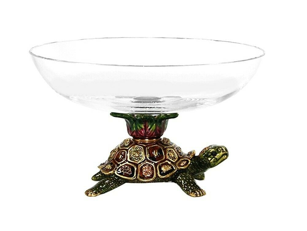 JAY STRONGWATER TURTLE CANDY DISH GLASS BOWL "YOSHI": JAY STRONGWATERTURTLE CANDY DISHFrom GREAT GIFTS CollectionName: YOSHIColor: FOREST Handpainted Enamel over metalHand-set Multicolor Swarovski Crystals.GLASS BOWL IS 6.5" DIAMETERTotal: 4" TallHandcra