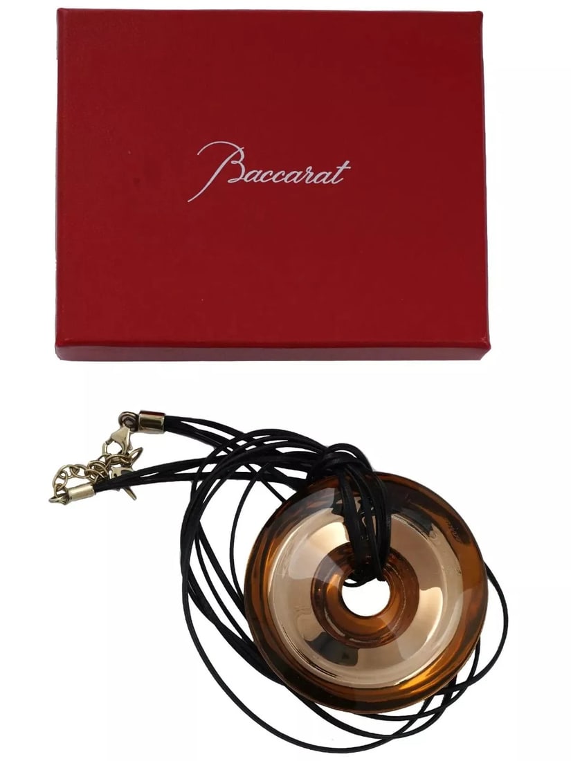 BACCARAT B SPIRIT PENDANT LARGE 2 3/8" CLEAR AMBER MIRROR RING DISC RETAIL $565: BACCARAT B SPIRIT PENDANT LARGE 2 3/8" CLEAR AMBER MIRROR RING DISC RETAIL $565 MADE IN FRANCE 100% AUTHENTICA vintage large French Baccarat pendant cord necklace from the Psydelic collection of 2013