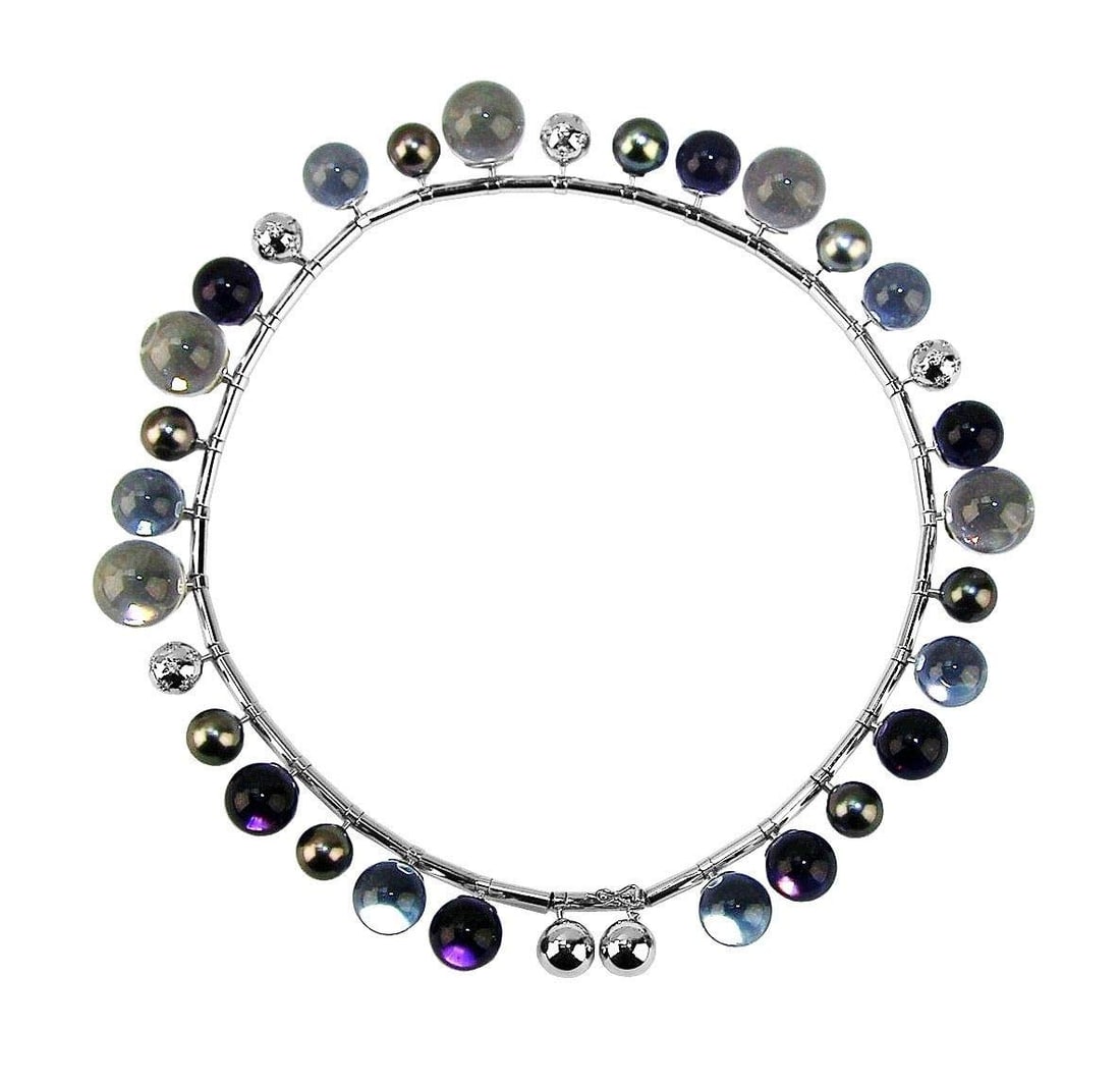 BACCARAT JEWELRY BULLES UNIQUE 18K GOLD DIAMOND PEARL PARMA NECKLACE: Brand New ORIGINAL BOX BACCARAT Made in France Original BULLES Unique Necklace. Made of SOLID 18K WHITE GOLD With FULL LEAD VIOLET Crystal. PARMA VIOLET, GRAY PEARLS, WHITE DIAMONDS, AQUAMARINE CRYSTA