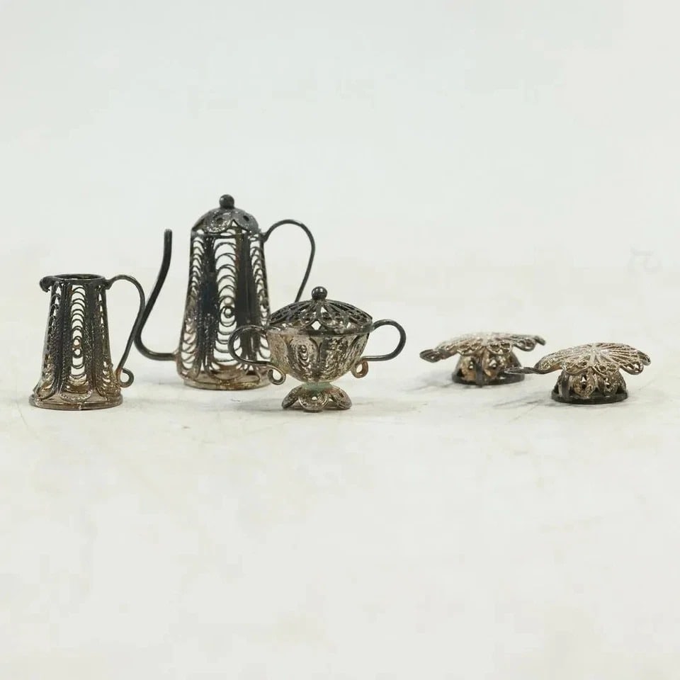 6 Piece Antique Silver Filigree Miniature Tea Set , 800 AG Tested Unique & Rare (1 of 8)