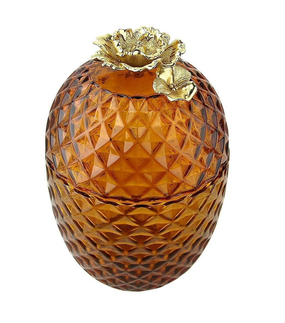 Jay Strongwater Pineapple Gilded WILDEROSE ON Amber Glass JAR #6: JAY STRONGWATER GRAND GILDED WILDROSE ON AMBER GLASS JAR - #6 . Glass Made in Portugal 18K YELLOW GOLD PLATED OVER METAL NO Swarovski Crystals. 11.5" Tall x 7.5" Diameter (Jar) Rose: 4.5" x 3.25" BRAN
