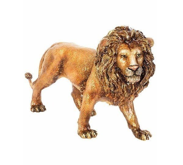 JAY STRONGWATER Magnificent 18K Plated Jungle Stalking Lion Figurine: JAY STRONGWATERMAGNIFICENT STALKING LION FIGURINELimited Edition of Only 300!From JUNGLE CollectionHandcrafted: Hand Enameled Over Metal.Hand-polished 18-karat gold plate.Handset Swarovski CrystalsLen