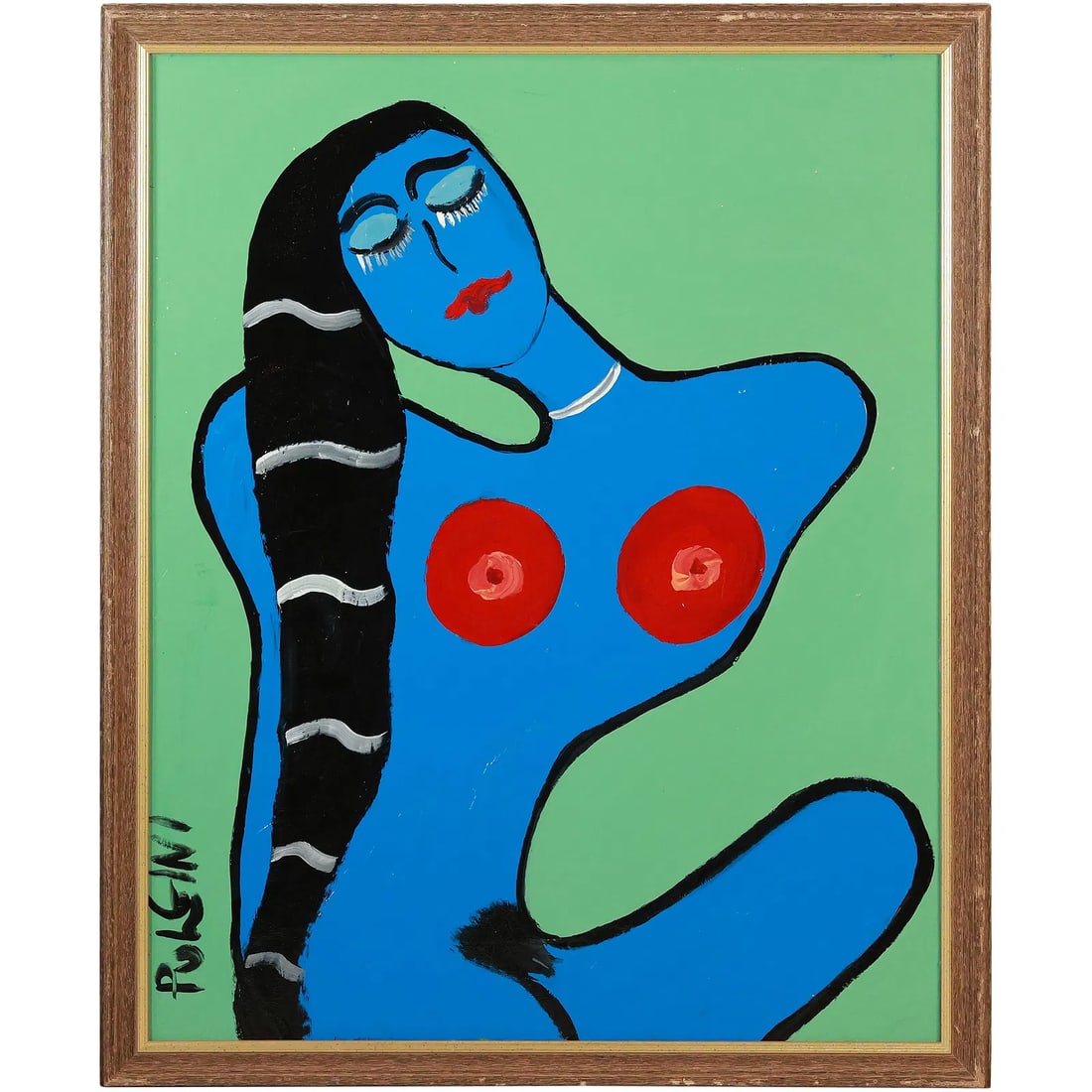 Thomas Pulgini ,American, Large Oil on Board Abstract Blue Nude Woman Signed Size: 30 x 24: Thomas Pulgini, American, Large Oil on Board Abstract Blue Nude Woman Signed Size: 30 x 24, outside of frame: 32.5 x 26.5About the Artist:Thomas Pulgini, born in 1965 in Wilmington, Delaware, is a pop