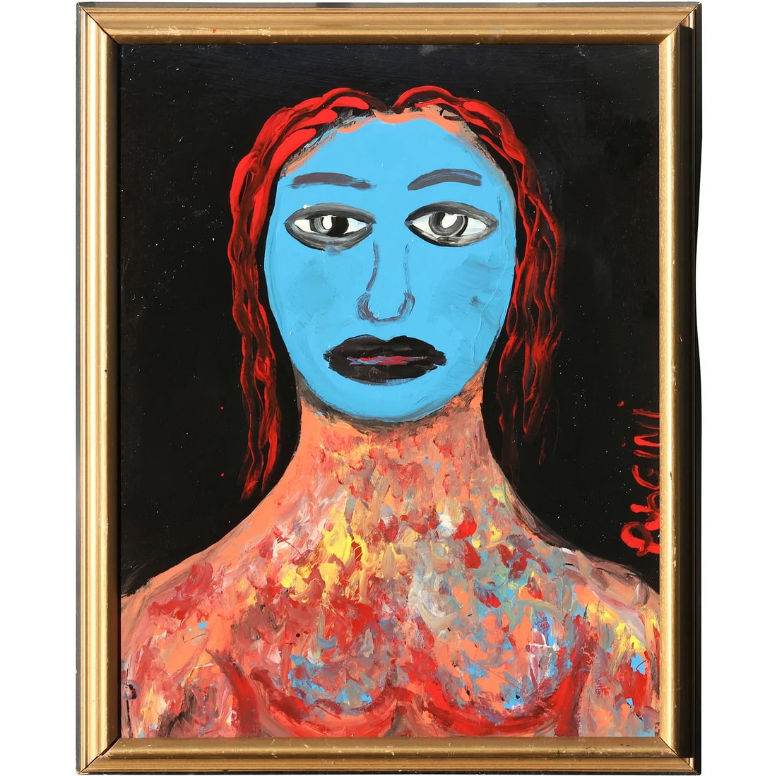 Thomas Pulgini Signed Blue-Faced Male Portrait with Textured Multicolor Torso Abstract Expressionist: Thomas Pulgini Signed Blue-Faced Male Portrait with Textured Multicolor Torso Abstract ExpressionistThomas Pulgini's portrait painting depicts a male figure with a blue face, red hair, and a textured,