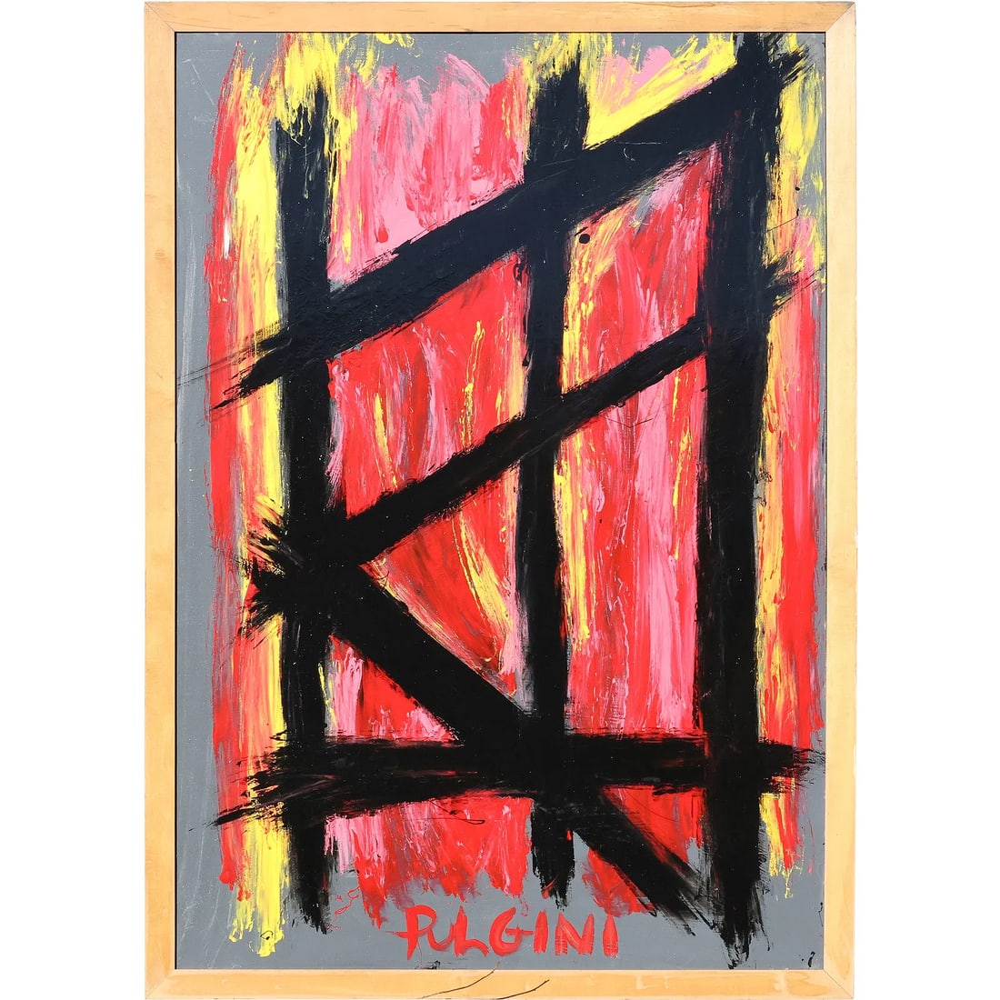 Tom Pulgini (b. 1965) — Black Structure on Red and Yellow, Oil on Board 48 x 33 \: Dynamic and raw, this oil on board by Tom Pulgini presents an intersecting grid of bold black strokes set against a fiery red-and-yellow field. The layered texture and gestural brushwork evoke the ene