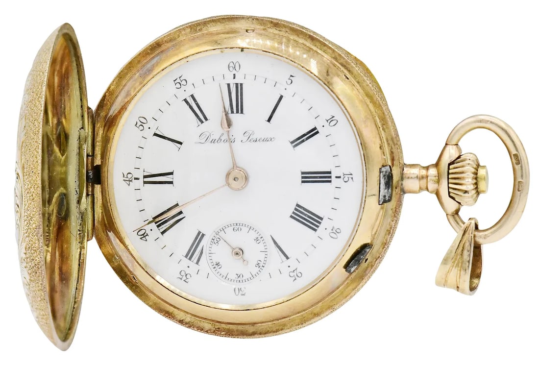 Gorgeous Dubois Peseux 14K Solid Gold Hunter Case Pocket Watch with 3 Small White Diamonds: Gorgeous Dubois Peseux 14K Solid Gold Hunter Case Pocket Watch with 3 Small White Diamonds in front, 100% Authenti,c 31.2 GramsDubois Peseux 14K Hunter Case Pocket WatchCase: 14K Gold and enamelCase D