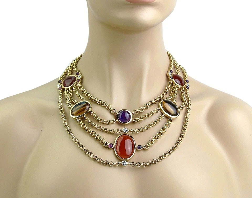 JUDITH LEIBER RARE TIGER EYE SHEBA CABOCHON NECKLACE 24K PL SWAROVSKI - 2