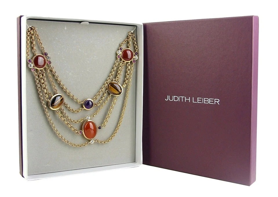 JUDITH LEIBER RARE TIGER EYE SHEBA CABOCHON NECKLACE 24K PL SWAROVSKI - 3