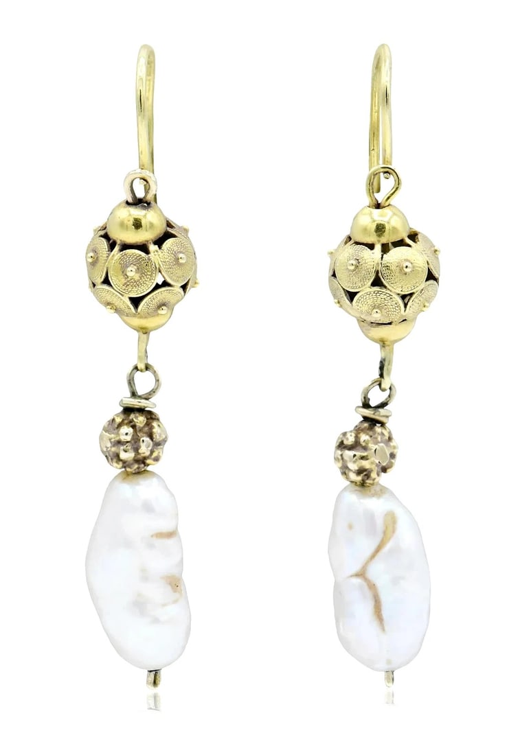 18k Yellow Gold Large Baroque Pearls Clip On Earrings 5.1gms. Mint Cond (1 of 5)