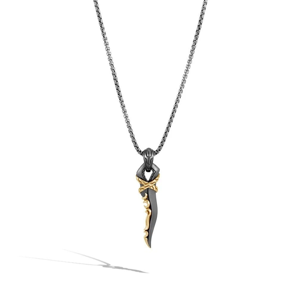 John Hardy Classic Chain Keris Dagger Two Tone Necklace: John Hardy Classic Chain Two-Tone Bronze & Sterling Silver with Mate Rhodium Pendant for Men. #78MADE OF SOLID .925 STERLING SILVERMaterial: Two Tone- Length: 26"- Gender: Male-Pendant: 1.5 inches