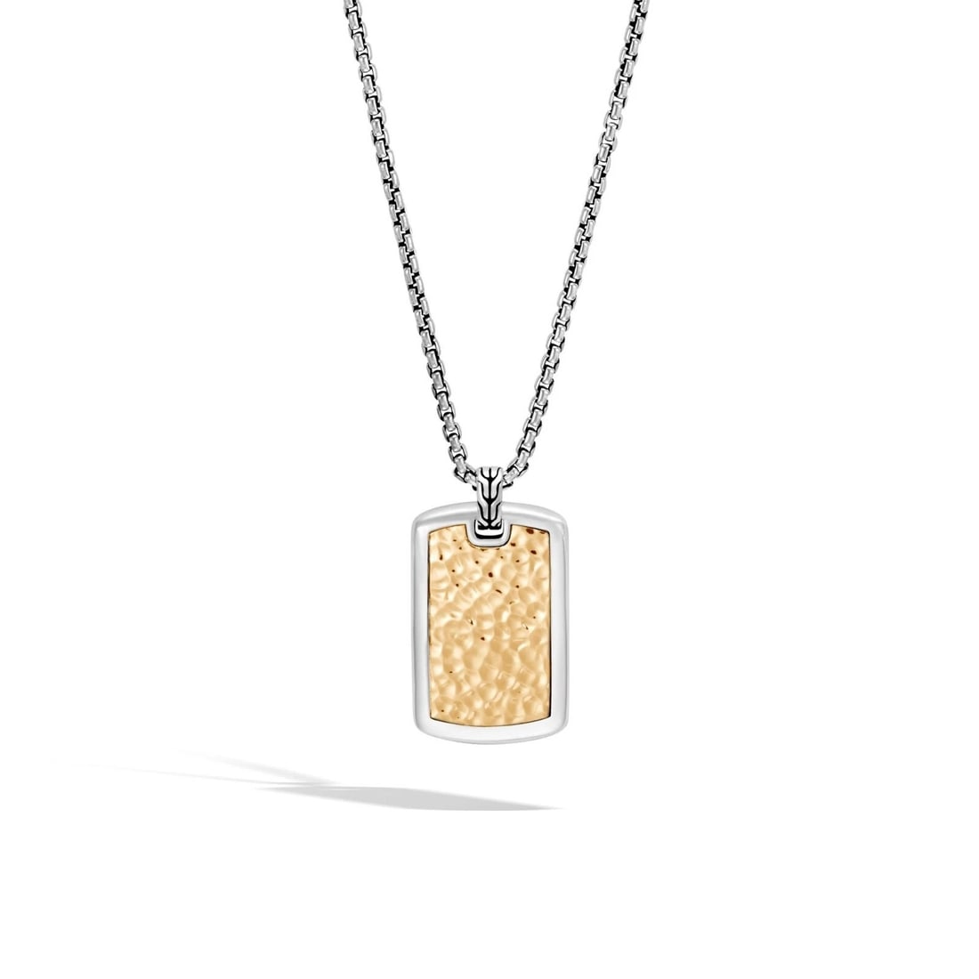 JOHN HARDY Sterling/18KYG Classic Chain Hammered Large Dog Tag Necklace #94: John Hardy Hammered Sterling Silver and 18K Gold Large Dog Tag on Sterling Silver 2.6mm Box Chain #94From John Hardy's Classic Chain Collection, this men's dog tag is cast in sterling silver and featu
