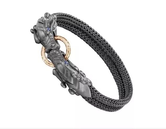 JOHN HARDY Silver Bronze Legends Naga 10mm Bracelet Blue Sapphire Eyes Sz XL #50: JOHN HARDY #50Men's LEGENDS NAGA Hammered Bronze & Silver 10mm Double Row Bracelet with Black Rhodium Plating and DRAGON HEAD with BLUE SAPPHIRE EYES STATION BraceletSIZE XL COMES IN ORIGINAL J. H. BO