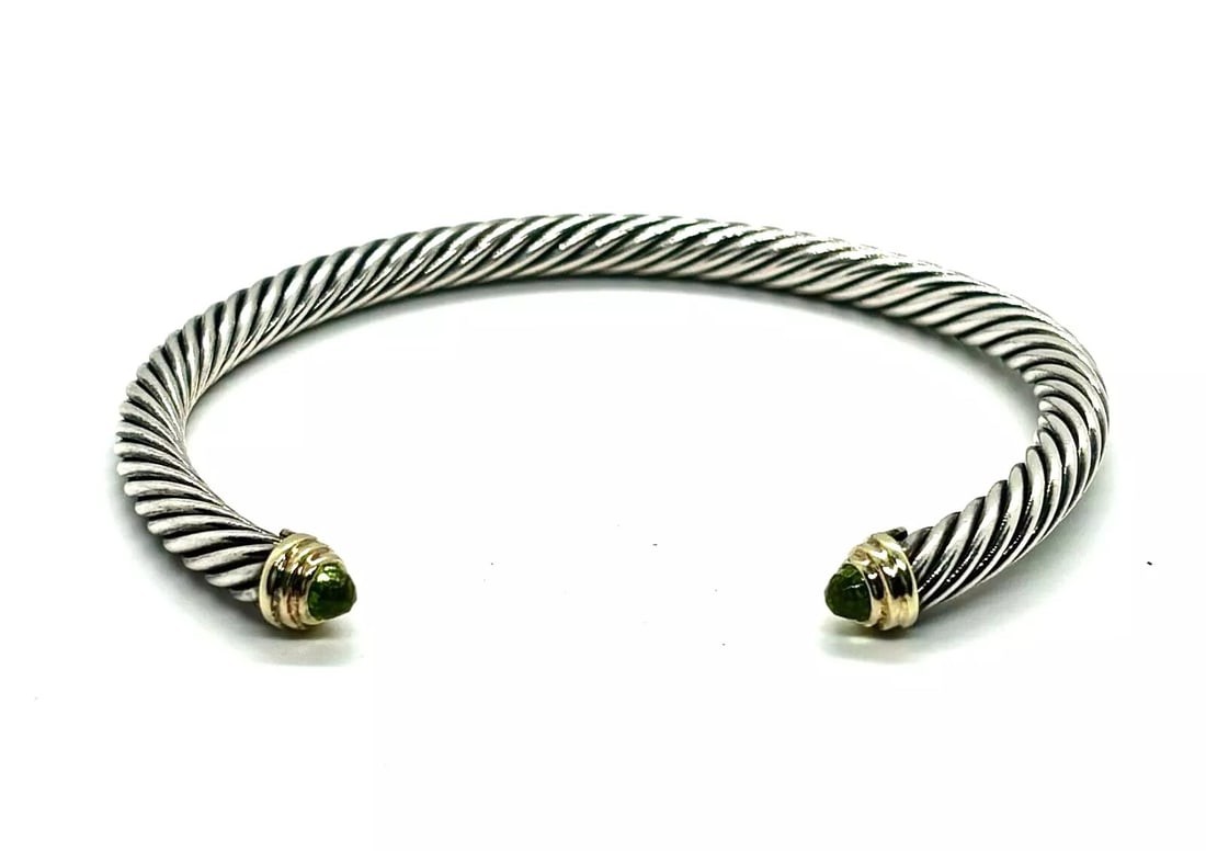 David Yurman Sterling Silver 14K Gold Cable Flex Peridot 4mm Cuff Bracelet #27 (1 of 6)