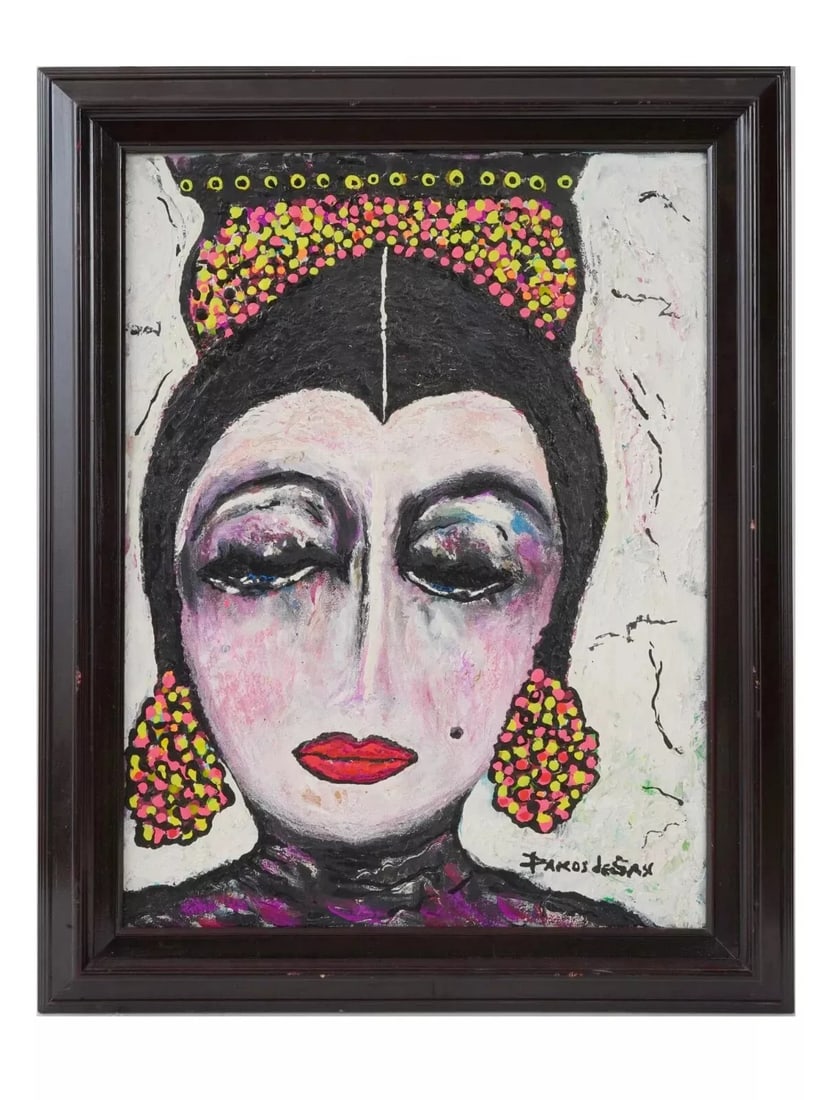 Vintage Colorful Oil Painting Abstract Figurative Portrait Signed Dakos de Sax: Vintage Colorful Oil Painting Abstract Figurative Portrait Signed by Artist Dakos de SaxDakos de Sax, a Contemporary American artist, oil painting on canvas depicting a portrait of a woman. Signed low