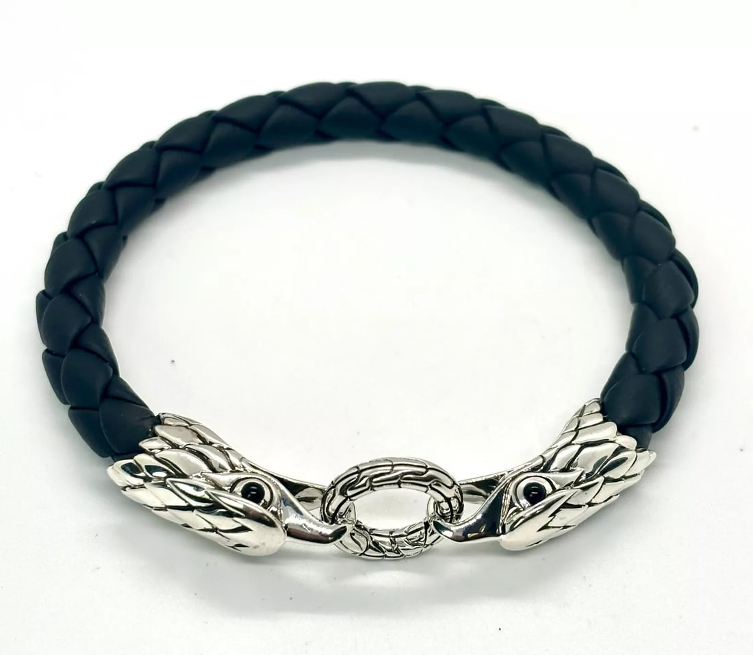 JOHN HARDY St. Silver LEGENDSE Eagle Double Head Black Leather Bracelet XL: JOHN HARDY Sterling Silver LEGENDS Eagle DOUBLE Head BRACELET with Black Onyx Eyes #58Brand New Comes in Original John Hardy Pouch and Polishing ClothTotal (Wearable) Length: 8.25"Black Double Woven L