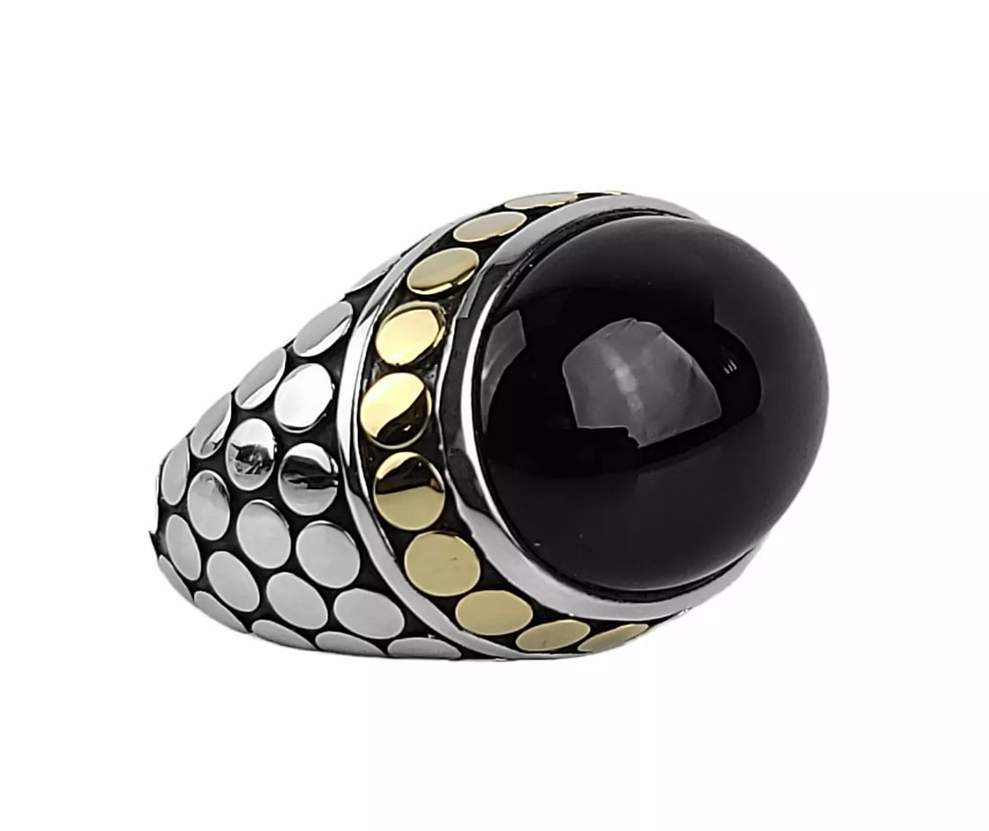 JOHN HARDY STERLING SILVER & 18K YELLOW GOLD BLACK ONYX DOT RING SZ 7, 91R: JOHN HARDYGORGEOUS DOME DOT RINGSIZE 7 - # 91RMADE OF SOLID .925 STERLING SILVER &SOLID 18K YELLOW GOLDLARGE BLACK ONYX - CENTER STONE26 mm Wide x 30 mm Tall x 19 mm DeepBand: 6 mmStone: 20 mm x 16 mm