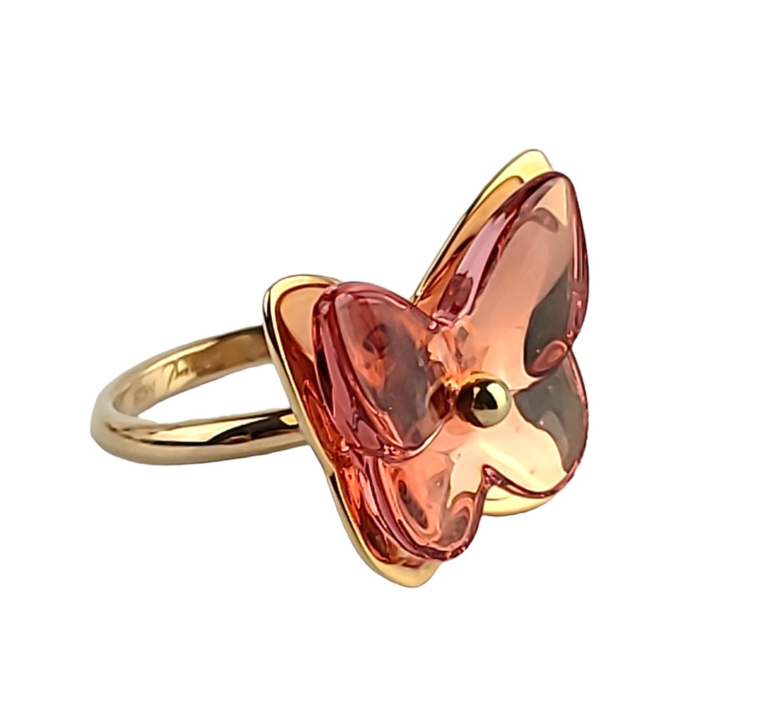 BACCARAT Papillon Butterfly Vermeil Gold Pld Silver Pink Crystal Ring Sz 53: MADE IN FRANCEBACCARATPAPILLON (BUTTERFLY)VERMEIL .925 STERLING SILVER RINGVERMEIL is 24K Plated Sterling SilverMain Stone: Full-Lead Crystal, PINK CRYSTALRing Stone: 25 mm Wide x 19 mm TallBand: 2.7