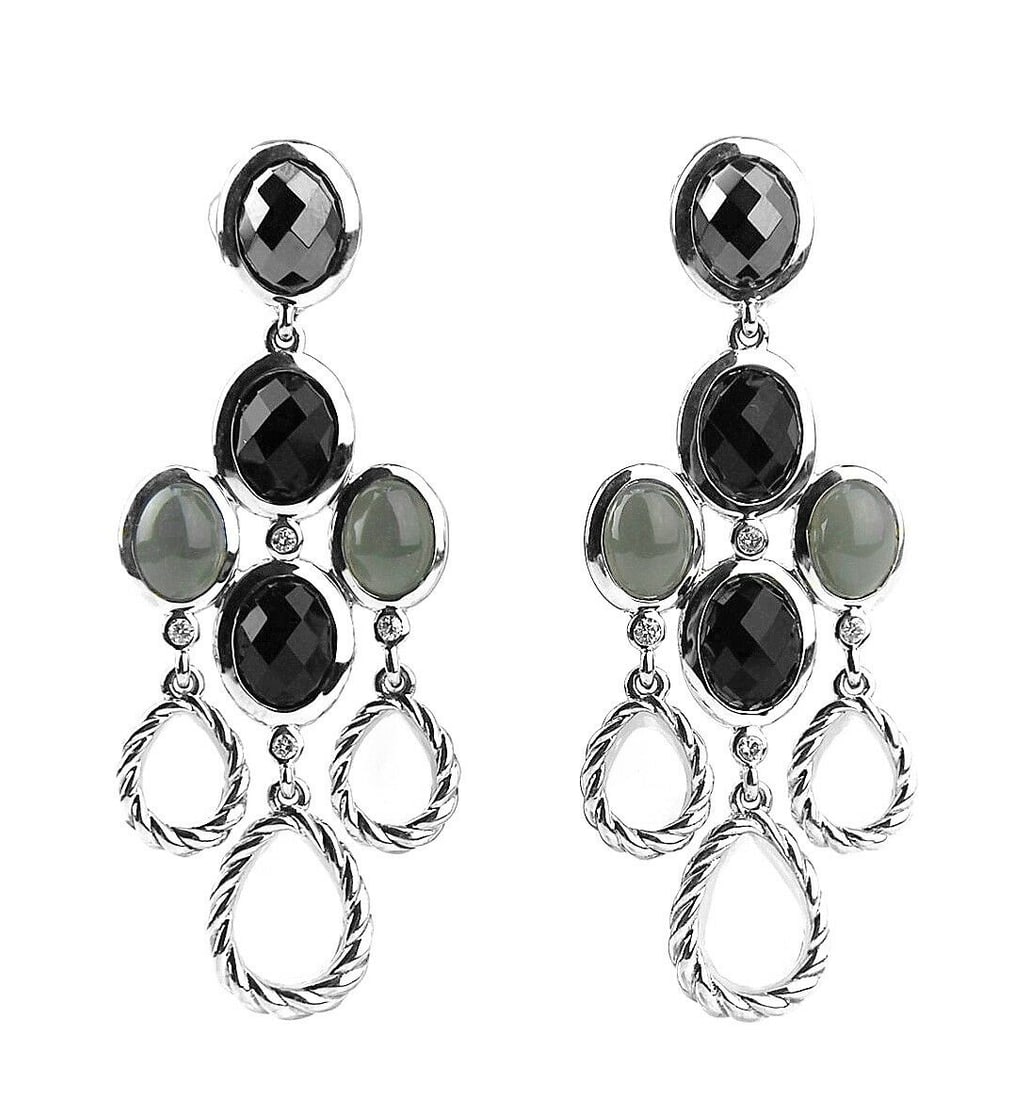 DAVID YURMAN ST. SILVER CHANDELIER DANGLING DIAMOND ONYX EARRINGS 22E: 100% BRAND NEW IN ORIGINAL BOX & POUCH100% AUTHENTICAbsolutely UNIQUE & GORGEOUS! DAVID YURMANGORGEOUS CHANDELIER DANGLING CUSHIONDIAMONDS (0.178), HEMATITE, ONYX EARRINGS - # 22EMADE OF SOLID .925 ST