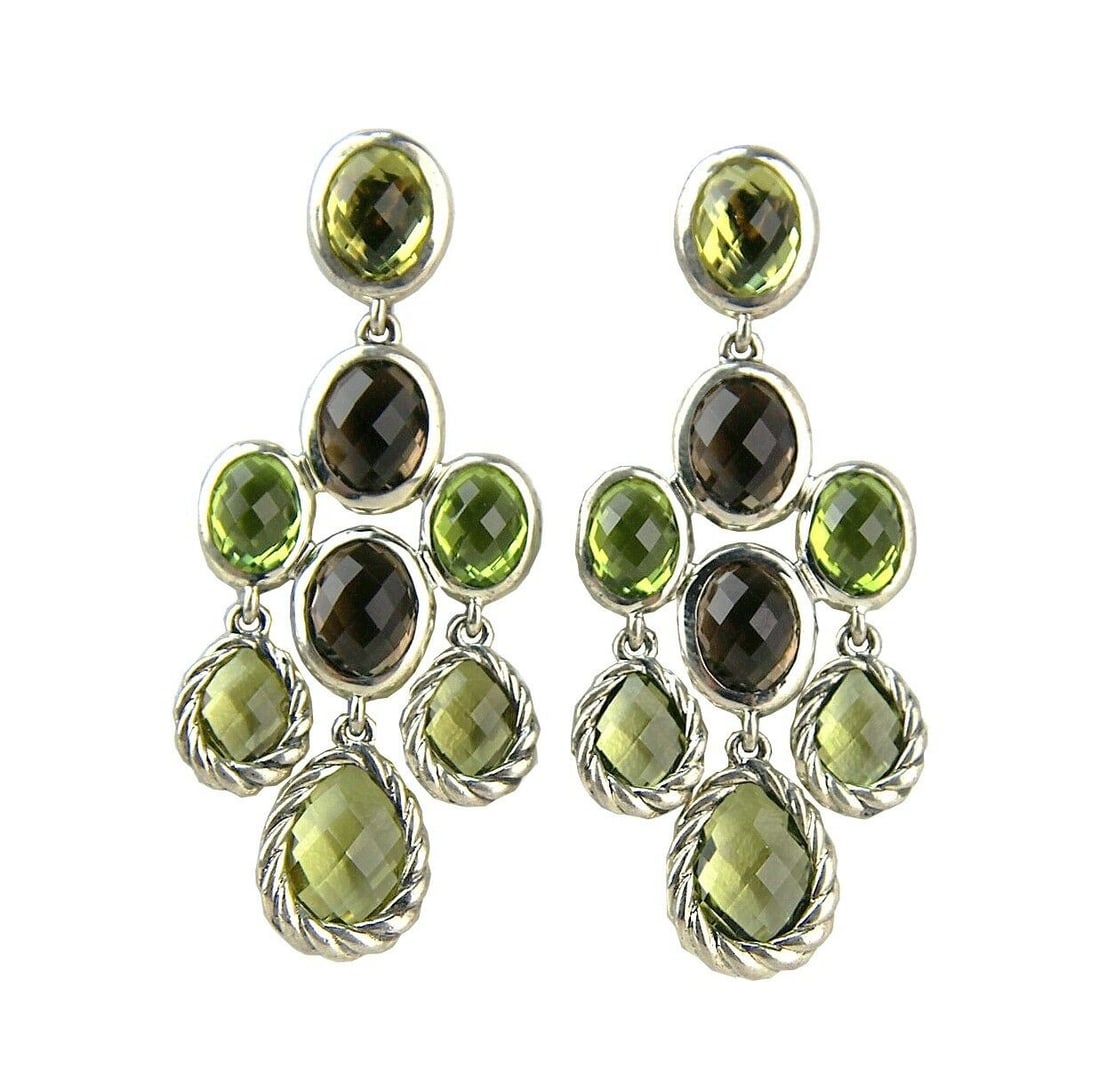 DAVID YURMAN STERLING SILVER CHANDELIER DANGLING PERIDOT EARRINGS # 14E: 100% BRAND NEW IN ORIGINAL BOX & POUCH100% AUTHENTICAbsolutely UNIQUE & GORGEOUS! DAVID YURMANGORGEOUS DANGLING CUSHIONPERIDOT, LEMON CITRINE & SMOKEY QURTZ EARRINGS - # 14EMADE OF SOLID .925 STERLING