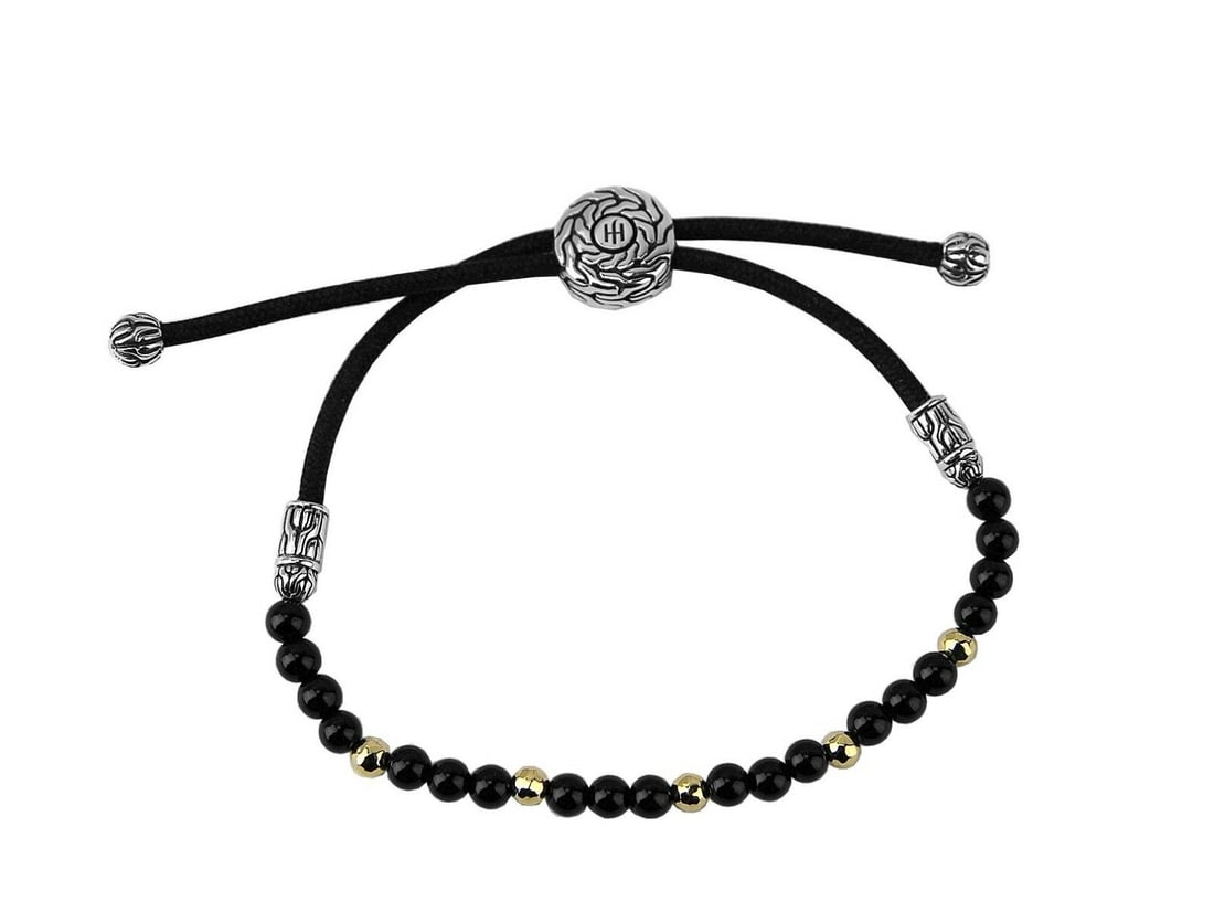 JOHN HARDY ST.SILVER 18K GOLD ONYX ONE SIZE ADJUSTABLE BRACELET 114B: AUTHENTIC JOHN HARDY GORGEOUS ADJUSTABLE BRACELET - 114B. WITH FIVE 18K SOLID YELLOW GOLD BEADS AND BLACK ONYX. MADE OF SOLID .925 STERLING SILVER, BLACK FABRIC CORD. Will Fit From 5" to 9.5" WristBea