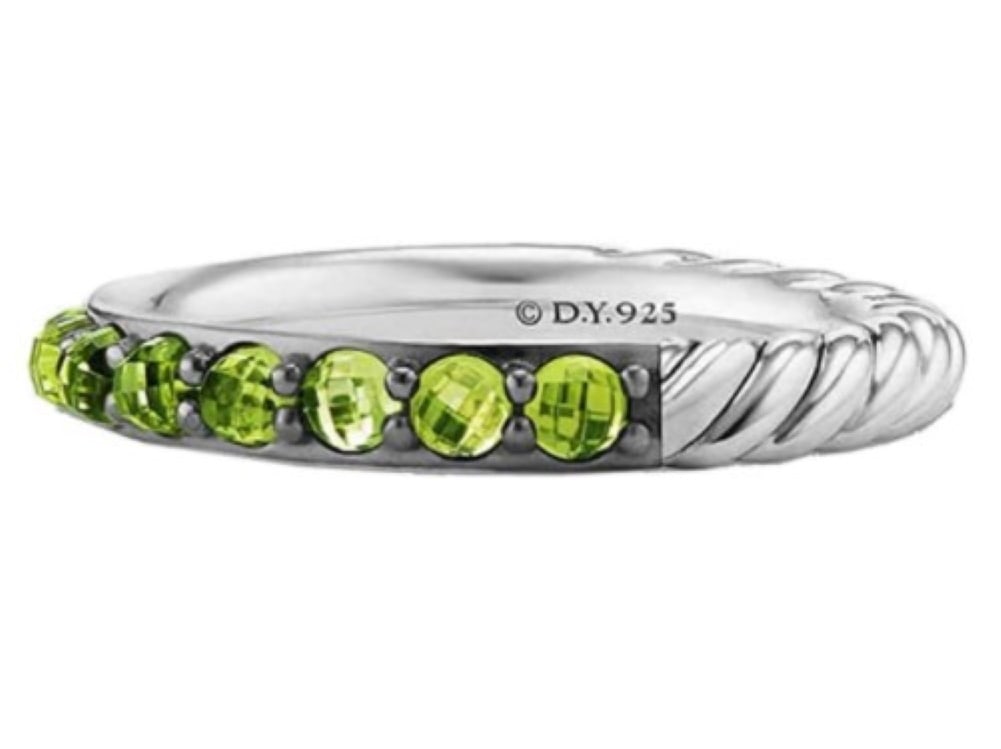 David Yurman 3mm Cable Berries Peridot Band Ring (7): GORGEOUS David Yurman 3mm Cable Berries Peridot & Sterling Silver Band Ring # 32R. MADE OF SOLID .925 Sterling Silver and darkened sterling silver. Size 7. Comes with ORIGINAL BOX, POUCH & POLISHING C