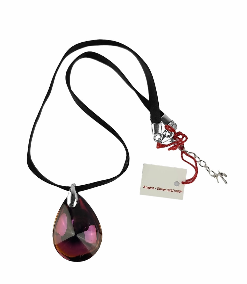 BACCARAT JEWELRY PSYDELIC MEDIUM ST.SILVER PINK MORDORE PENDANT NECKLACE: MADE IN FRANCEBACCARATPSYDELIC STERLING SILVER FULL LEAD CRYSTAL MEDIUM PENDANT NECKLACECrystal: Full-Lead Crystal - PINK MORDORE 16" Long With 2" Extention - BLACK SILK CORDCrystal: 43 mm Tall (With