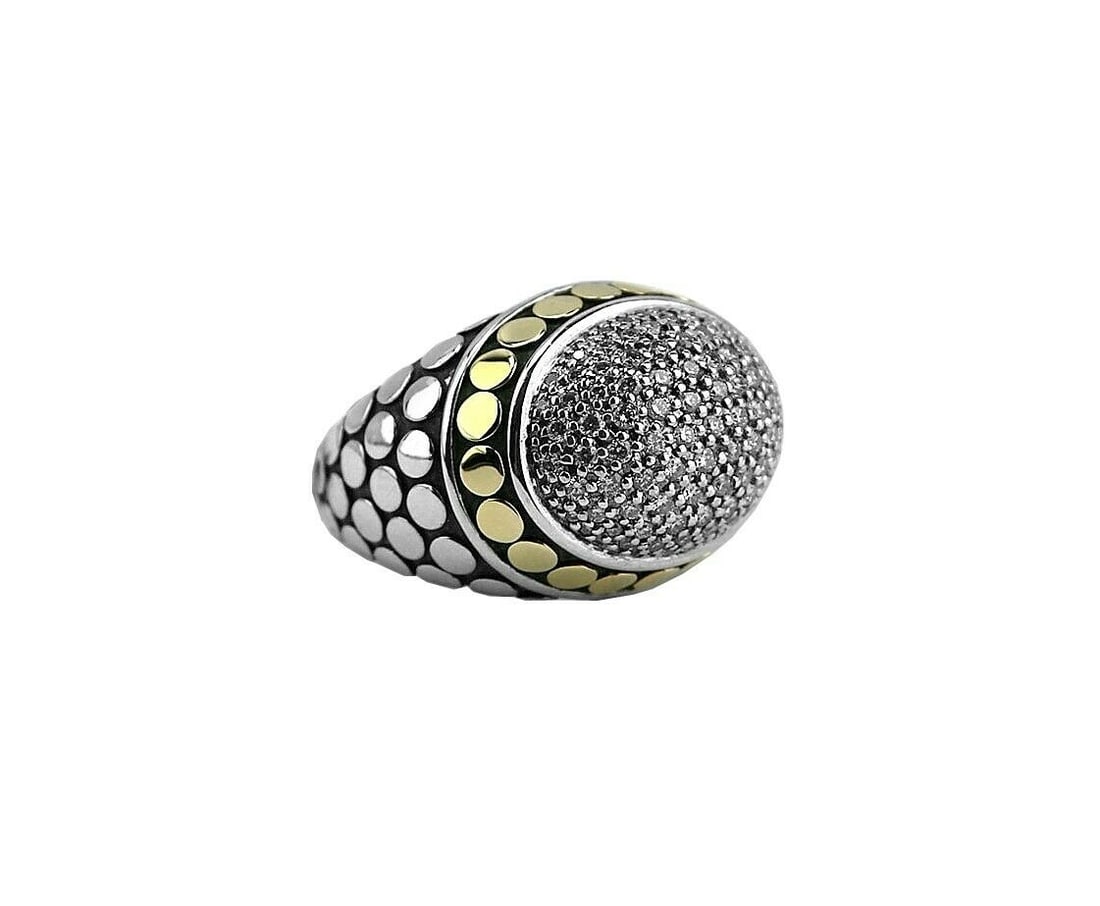 John Hardy DOT Dome 18K Gold ST. Silver Pave Diamond 1.09 TCW Ring Size 7 New 68R: BRAND NEW IN ORIGINAL BOX, POUCH & POLISHING CLOTH 100% AUTHENTIC JOHN HARDY GORGEOUS, XLARGE DOT DOME RING- # 68R. SIZE 7 (US). MADE OF SOLID .925 STERLING SILVER AND 18K YELLOW GOLD WHITE DIAMONDS P
