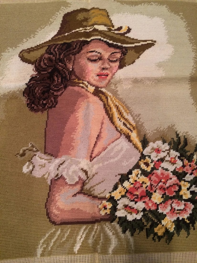 Large Vintage Completed Needlepoint Canvas Art Tapestry 25" x 30": Gorgeous completed needlepoint canvas. A copy of painting.This art tapestry have already been completed andready to frame or make into pillow or to be used forany of your project.100% wool used in Des