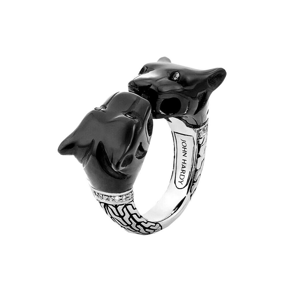 JOHN HARDY sz 7 BLACK ONYX MACAN TIGER DIAMOND RING 59R: 100% AUTHENTICJOHN HARDYGORGEOUS MACAN (TIGER) RING SIZE 7 - # 59RMADE OF SOLID .925 STERLING SILVERCARVED BLACK ONYX TIGER HEADSWHITE DIAMONDS EYES & DIAMOND COLLARApproximately: 27 mm Tall x 27 mm W