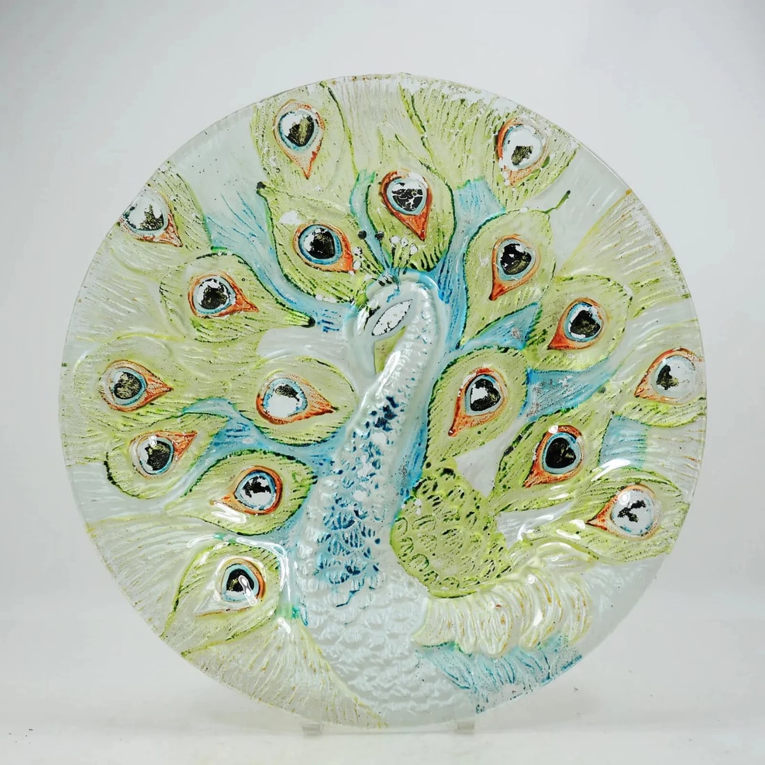 Large Round Glass Charger with Embossed Peacock, Hand Painted. Size: 2.75H X 18W: Large Round Glass Charger with Embossed Peacock, Hand Painted. Size: 2.75H X 18WVintage Large and Heavy Beautiful Round Glass Charger with Embossed Peacock, Hand Painted. Size: 2.75 H X 18 W Overall G