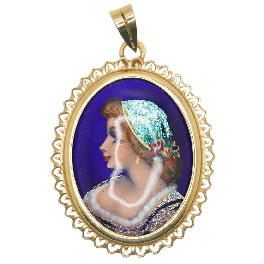 1860-80s 14k Gold Blue Enameled Pendant w/ Hand Painted Maiden with Opal Foil 3.4 Grams Total Weight (1 of 8)