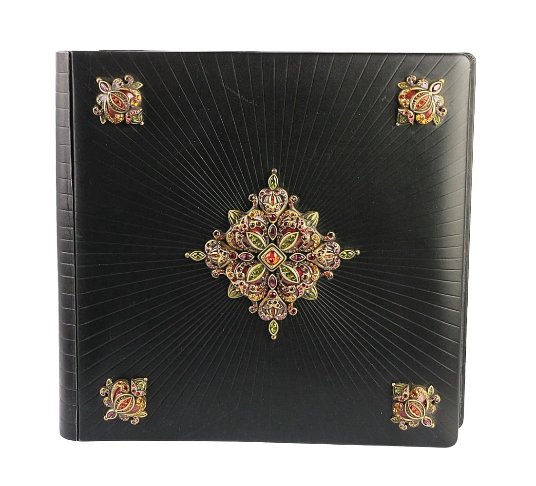 JAY STRONGWATER BLACK LEATHER MEDALLION PHOTO ALBUM 12" X 13": JAY STRONGWATERBrand New (with scuffs from storage), NO BOX.AMAZING EXTRA LARGEBLACK LEATHER PHOTO ALBUMName: EMANUELLA Handpainted Enamel Over Metal Mounted on Exclusive Leather AlbumTher are no Pock