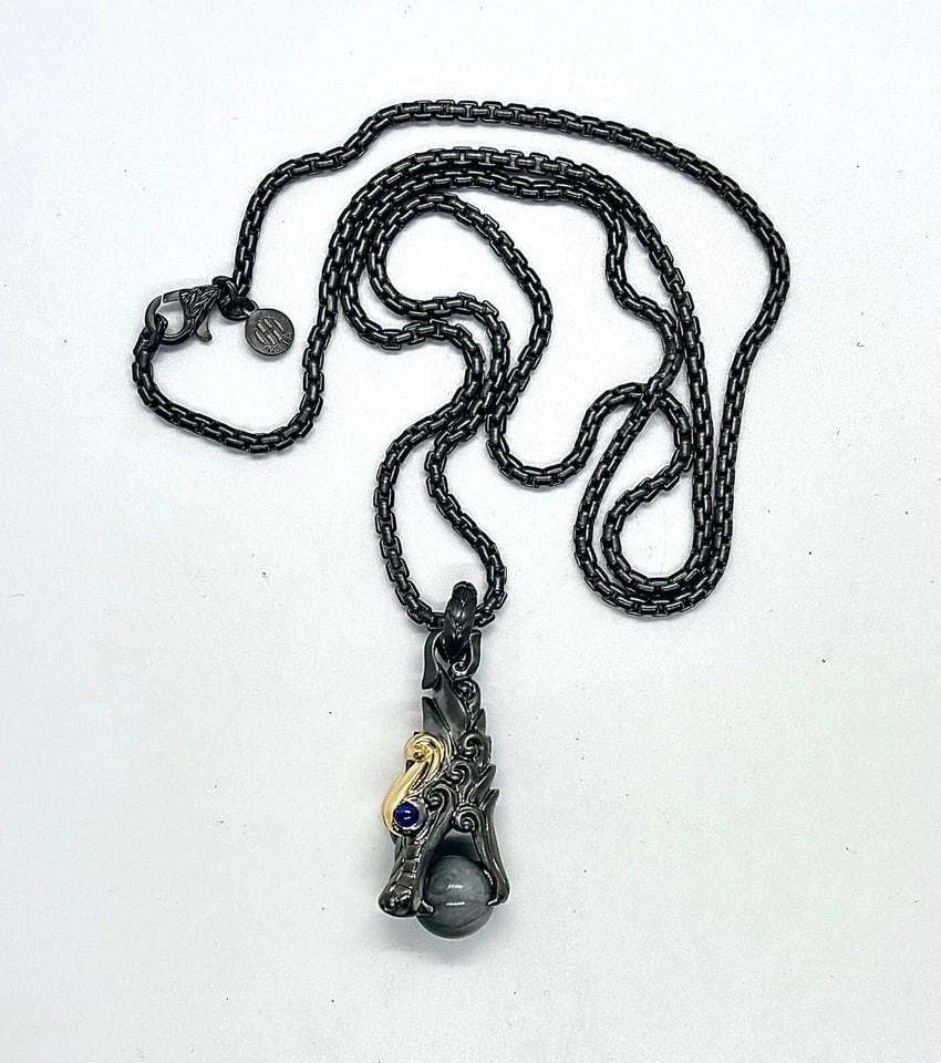 JOHN HARDY Legends Naga Silver Eagle Eye Bead &Blue Sapphire Eyes Pendant #51: JOHN HARDY #51John Hardy presents Legend Naga Eagle Eye Bead Dragon Pendant and Box Chain Necklace Sterling Silver & 18K Gold, Box Chain Dog Tag with Mate Black Rhodium Pendant for Men.MADE OF SOLID .