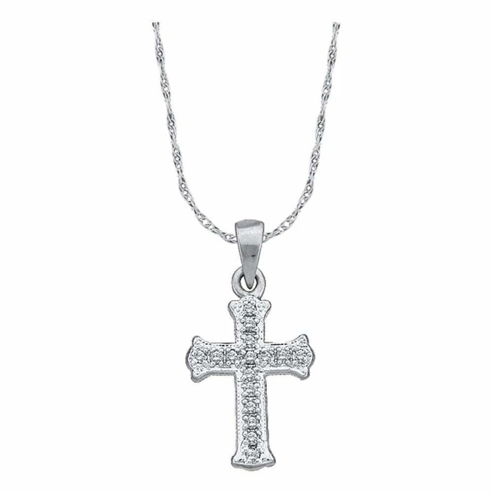 Gorgeous 10kt White Gold Real Round Diamonds 1/10 Cttw Small Scalloped Cross New (1 of 5)
