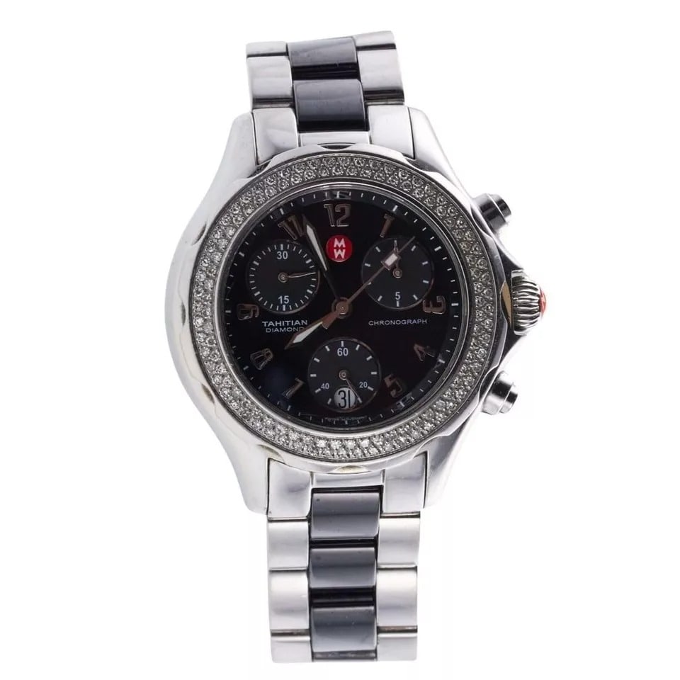 MICHELE New Tahitian Ceramic Diamond Stainless St. Chronograph MWW12e000003: MICHELE Brand New Tahitian Ceramic Diamond Stainless Steel. Swiss Made Chronograph Watch MWW12e000003 Original BOX and Papers. 100% Authentic. Newer worn. This watch was in the box for a few years. RE