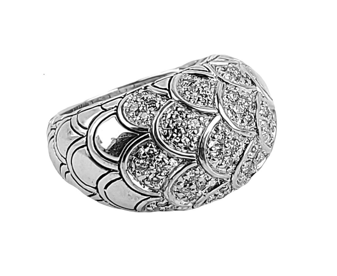 JOHN HARDY NAGA SCALE DOME ST. SILVER PAVE DIAMOND 1.09 TCW RING S 8 33R: BRAND NEW IN ORIGINAL BOX, POUCH & POLISHING CLOTH 100% AUTHENTICJOHN HARDY GORGEOUS, XLARGE NAGA SCALE DOME RING SIZE 8 - # 33RMADE OF SOLID .925 STERLING SILVERWHITE DIAMONDS PAVE - 0.87 TCWApproxim